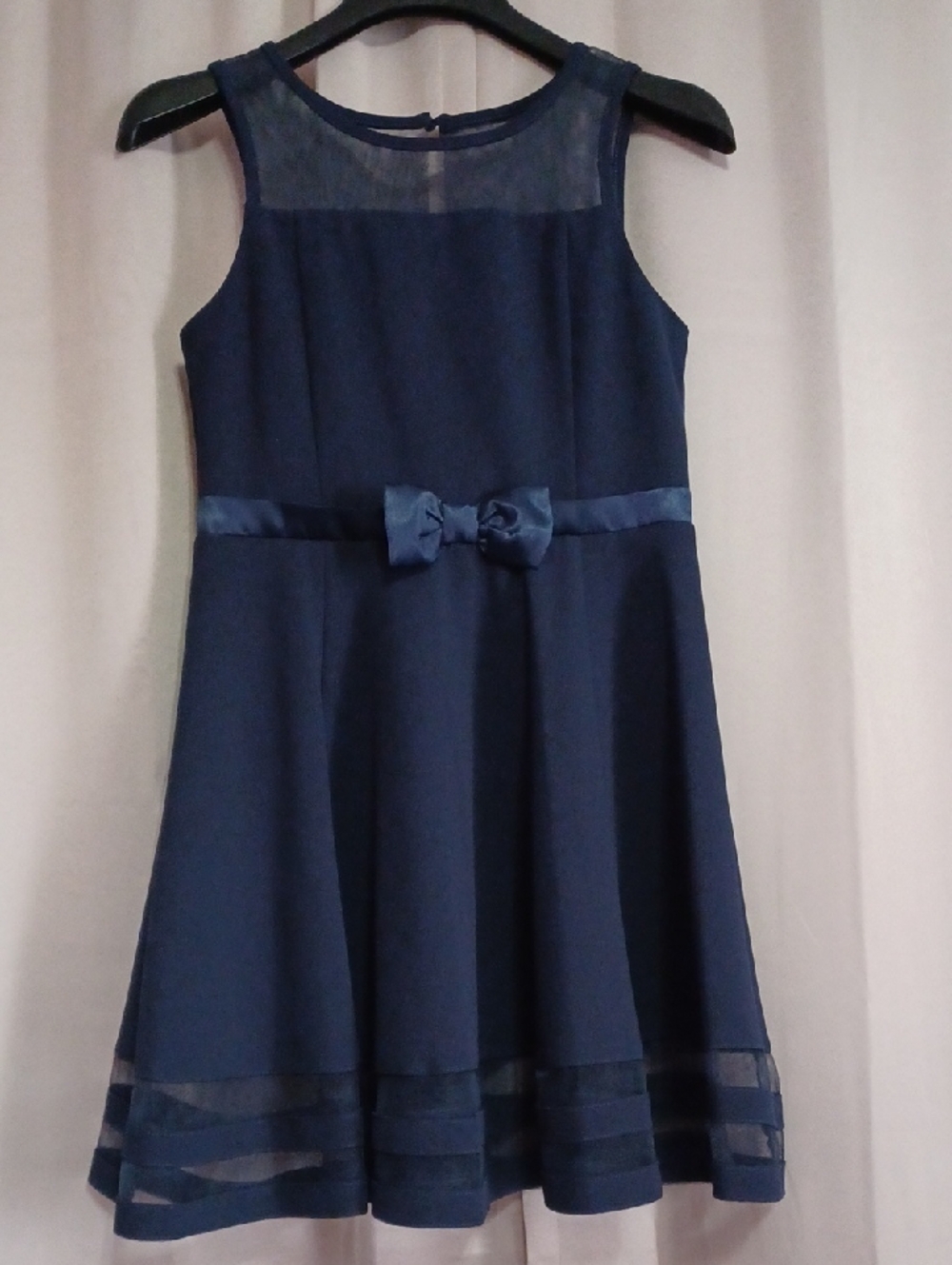 Calvin Klein Girl's Illusion Mesh Bow Front Party Dress Navy Blue Swirling Skirt